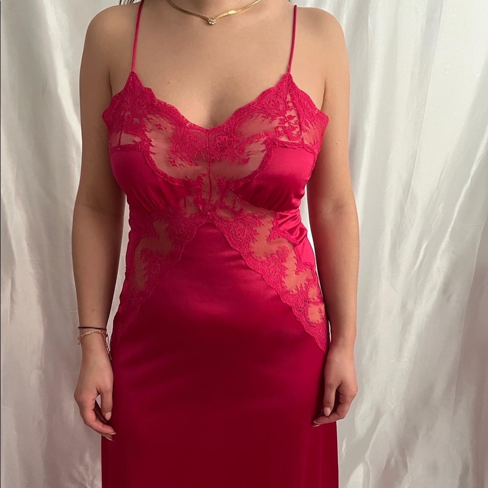 Vintage 70s Raspberry Lace Slip Dress